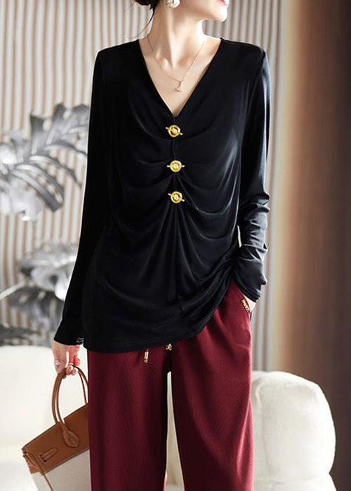 Simple Black V Neck Wrinkled Silk Velour Blouses Spring