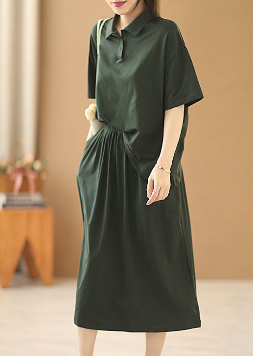 Simple Blackish Green Peter Pan Collar Elastic Waist Patchwork Cotton Fake Two Piece Long Dress Short Sleeve