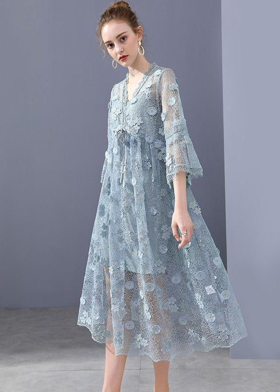 Simple Blue Embroidered Floral Hollow Out Lace Dress Flare Sleeve