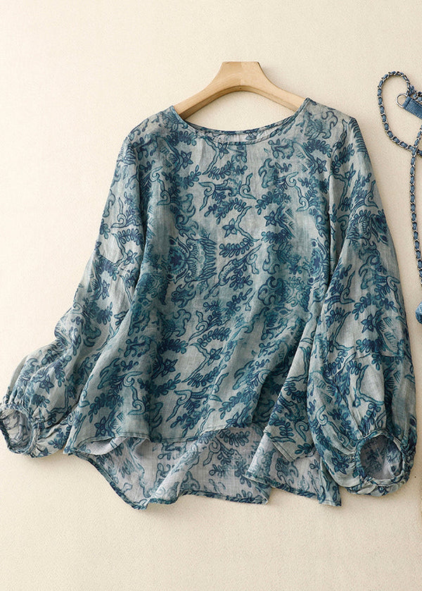 Simple Blue Oversized Print Linen Shirt Tops Lantern Sleeve