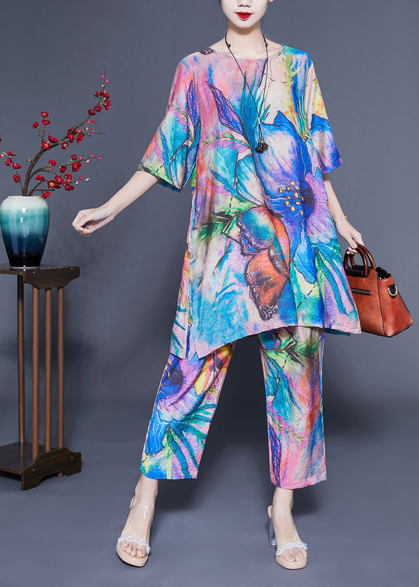 Simple Blue Oversized Tie Dye Side Open Linen Two Pieces Set Summer