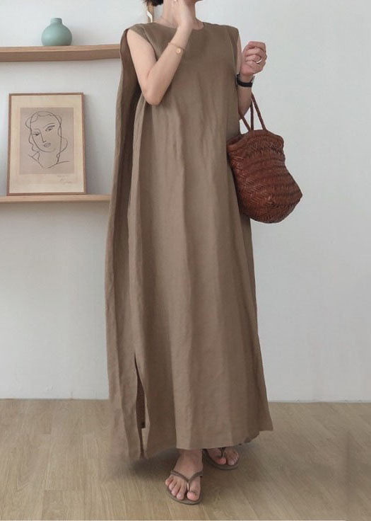 Simple Coffee O Neck Patchwork Cotton Maxi Dress Sleeveless