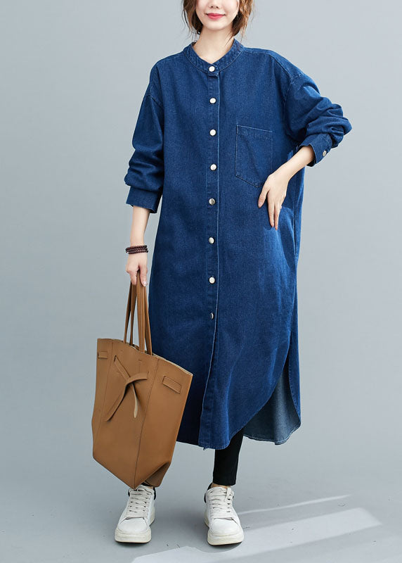 Simple Denim Blue Stand Collar Oversized Side Open Cotton Shirt Dresses Spring