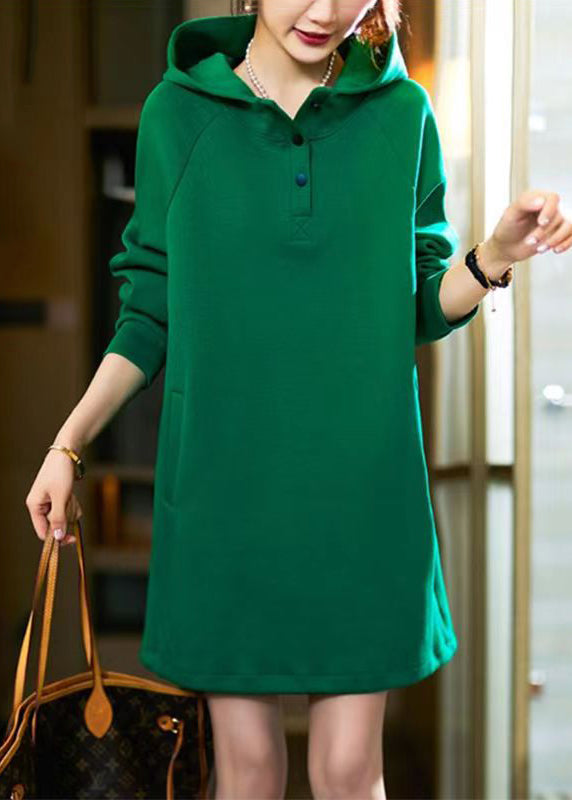 Simple Green Hooded Pockets Patchwork Cotton Dress Long Sleeve