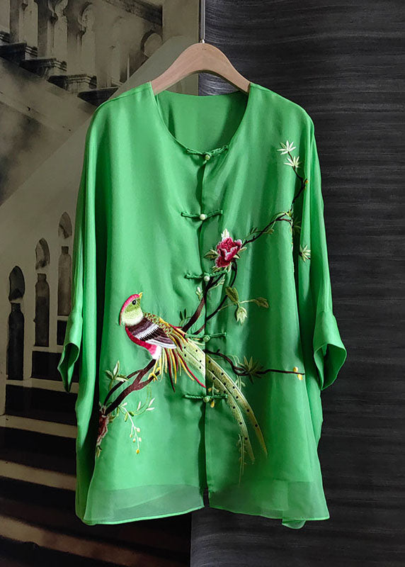 Simple Green O Neck Embroidered Silk Blouses Top Summer