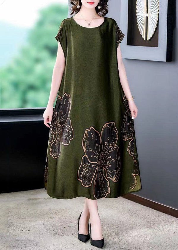 Simple Green O Neck Print Patchwork Silk Long Dresses Summer