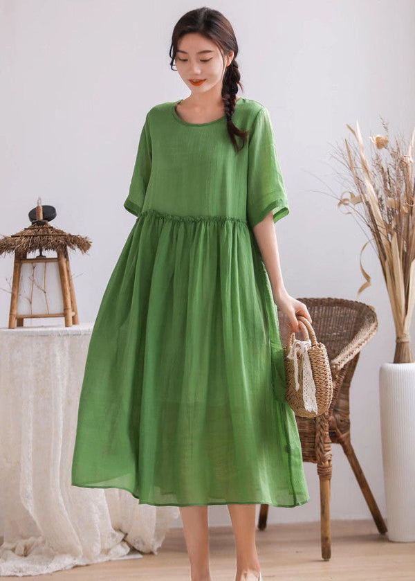 Simple Green O Neck Wrinkled Patchwork Linen Dress Summer