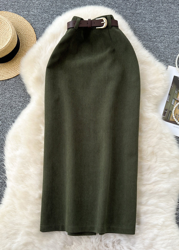 Simple Green Side Open High Waist Corduroy Skirts Winter