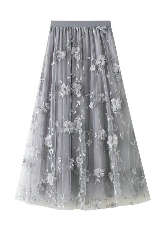 Simple Grey Embroidered Floral Elastic Waist Tulle A Line Skirts Spring