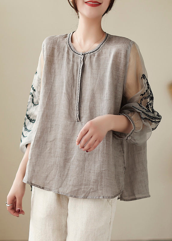 Simple Grey O-Neck Embroidered Linen Top Spring