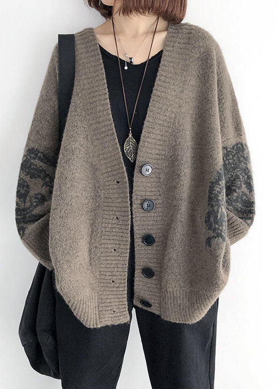 Simple Khaki V Neck Print Knit Loose Cardigan Spring