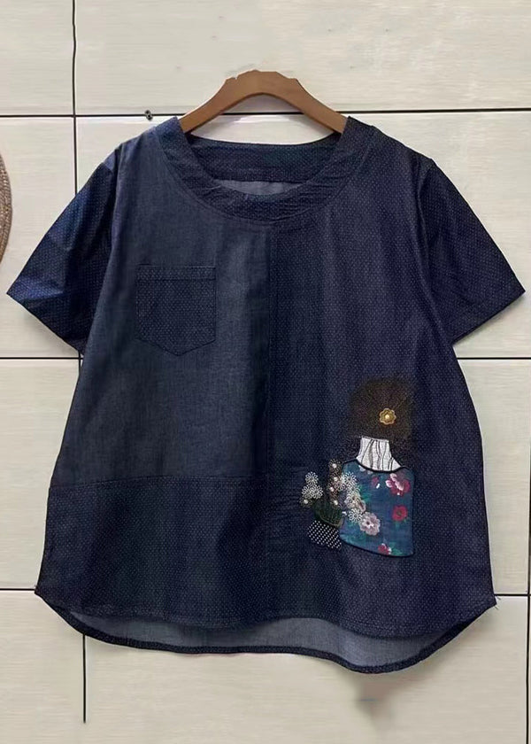 Simple Navy O Neck Print Patchwork Denim Top Summer