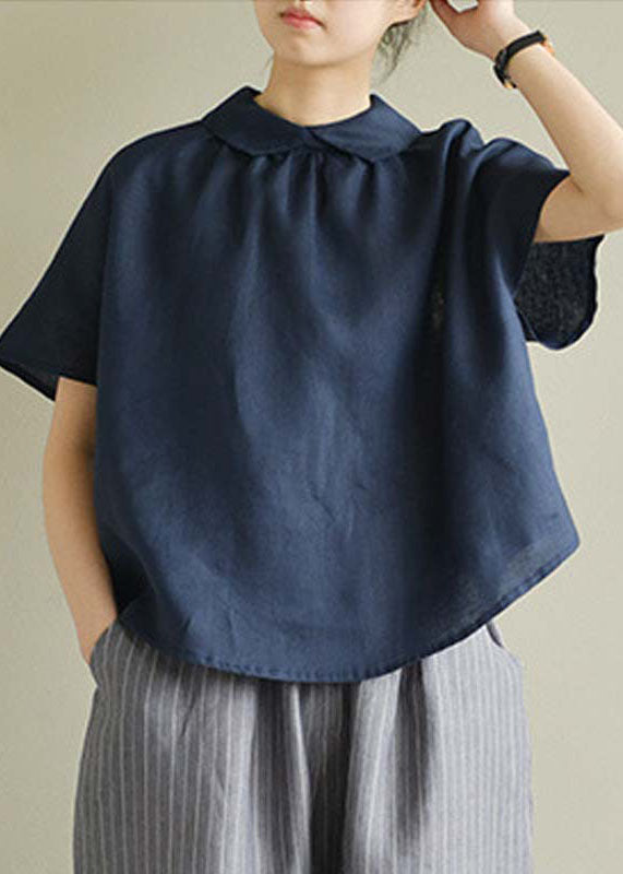 Simple Navy Peter Pan Collar Solid Color Linen Shirts Short Sleeve