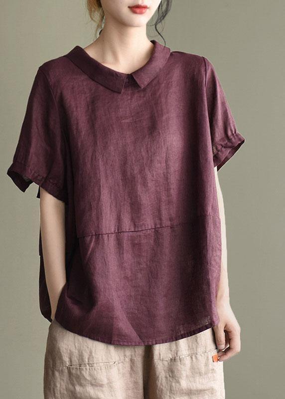 Simple Wine Red Peter Pan Collar Patchwork Summer Linen Blouses