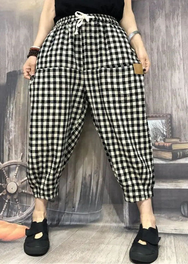 Simple Plaid Pocket Patchwork Cotton Crop Pants Summer