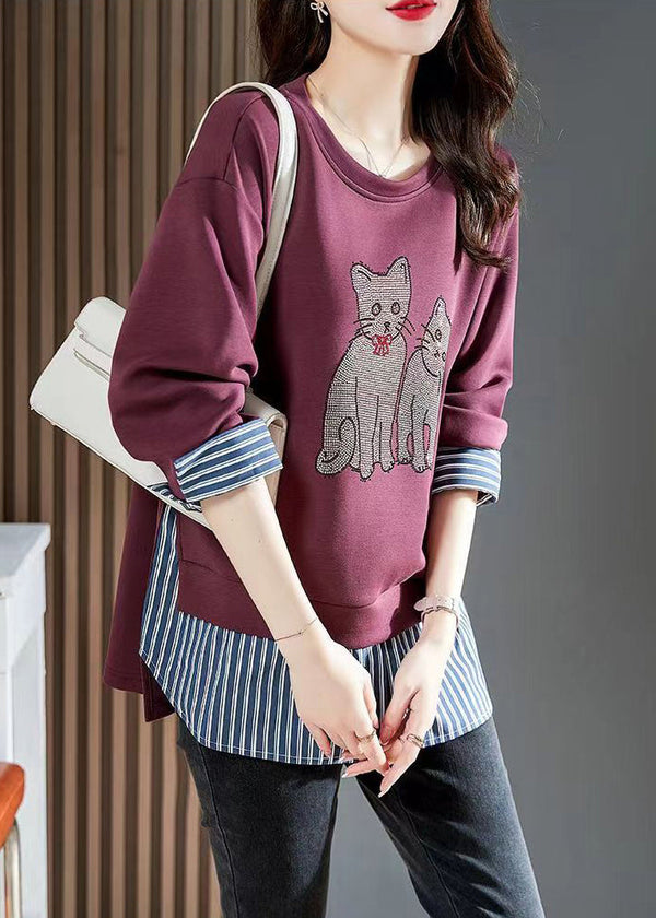 Simple Purple Cats Patchwork Cotton Pullover Tops Spring