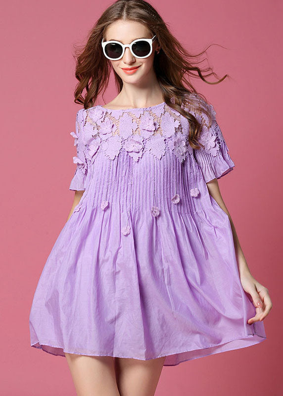 Simple Purple Hollow Out Wrinkled Cotton Day Dress Summer