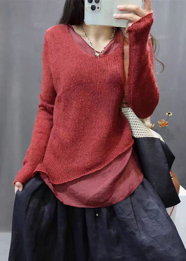 Simple Red Asymmetrical Patchwork Cotton Knit Tops Long Sleeve