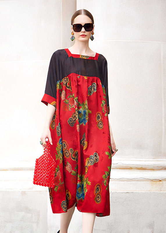 Simple Red Square Collar Print Patchwork Long Dress Short Sleeve