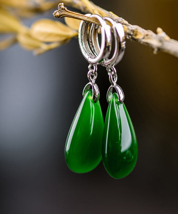 Simple Silk Sterling Silver Jade Water Drop Drop Earrings