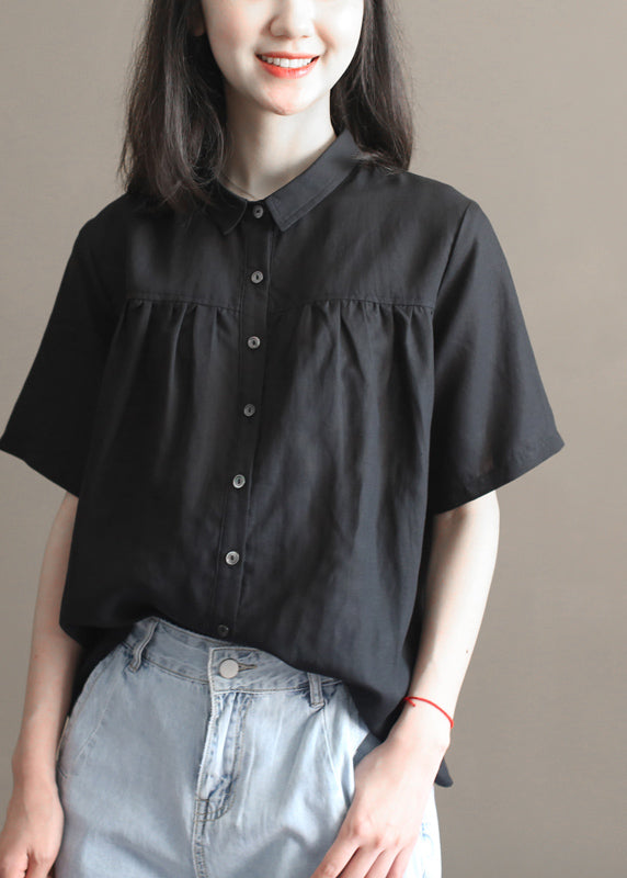 Simple Solid Black Peter Pan Collar Wrinkled Button Linen Blouses Short Sleeve