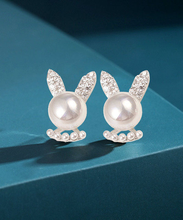 Simple White Cute Rabbit Zircon And Pearl Stud Earrings