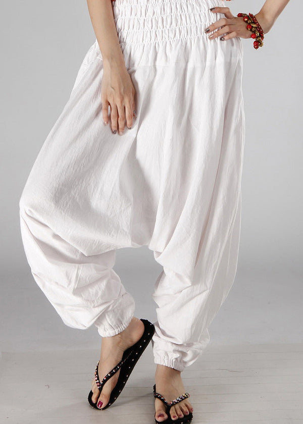 Simple White Elastic Waist Solid Cotton Lantern Pants Summer