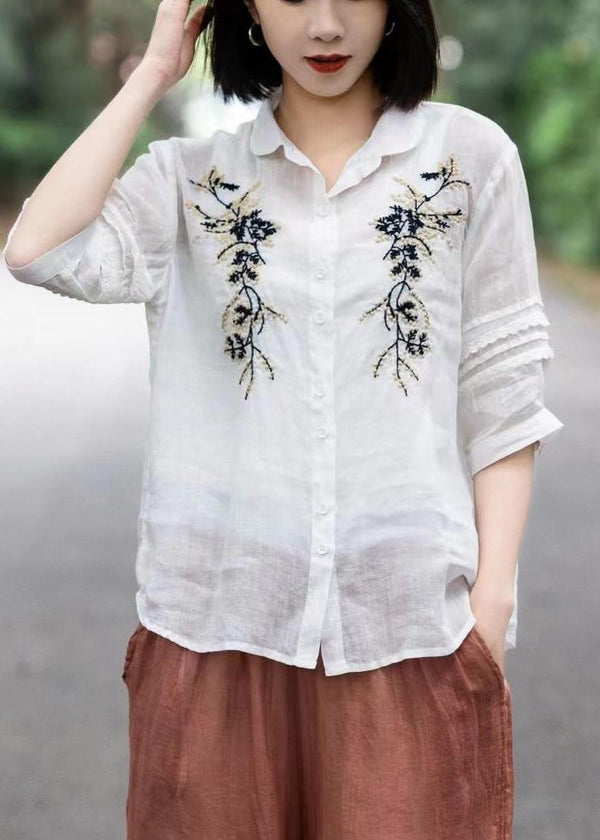 Simple White Embroidered Patchwork Lace Linen Blouse Tops Short Sleeve