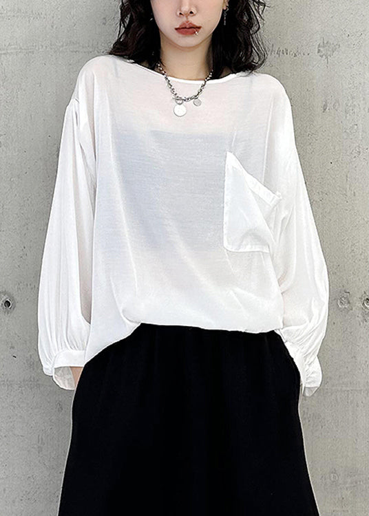 Simple White O Neck Pockets Patchwork Cotton Tops Batwing Sleeve