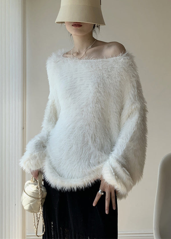 Simple White O-Neck Solid Mink Velvet Knit Sweater Winter