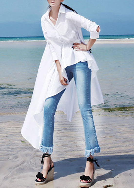 Simple White Peter Pan Collar Asymmetrical Cotton Long Shirt Spring