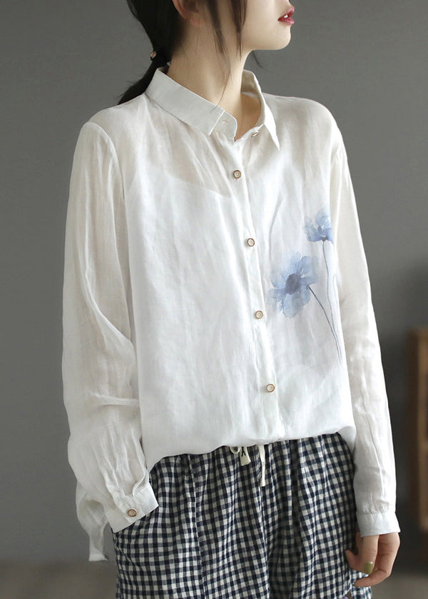 Simple White Print Button Silk Linen Shirt Spring