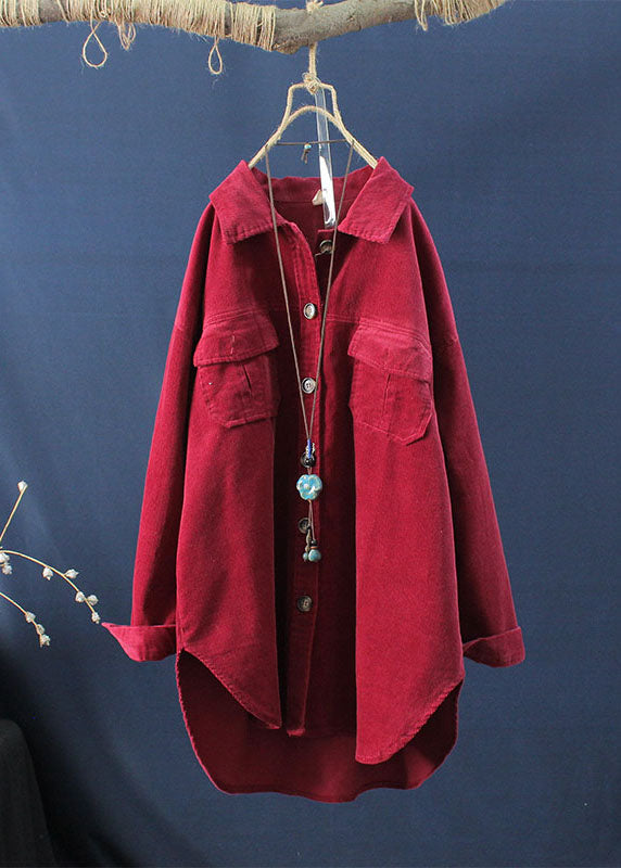 Simple Wine Red Peter Pan Collar Patchwork Corduroy Shirt Fall