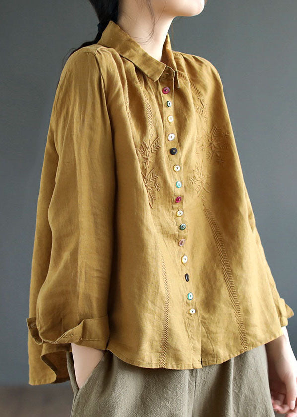 Simple Yellow Peter Pan Collar Embroidered Linen Shirt Spring