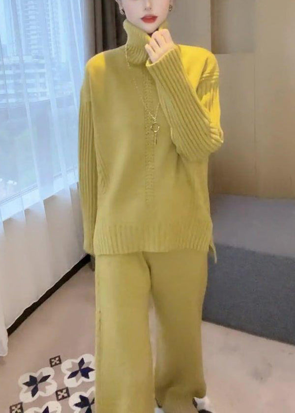 Simple Yellow Turtleneck Solid Knit Two Pieces Set Winter