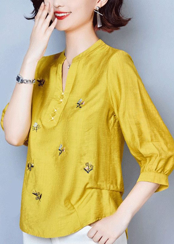 Simple Yellow V Neck Embroidered Patchwork Cotton Tops Summer