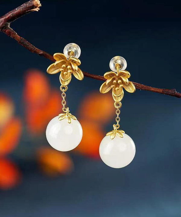 Skinny White Ancient Gold Jade Floral Drop Earrings