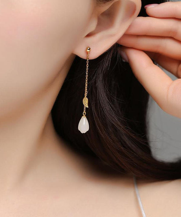 Skinny White Sterling Silver Overgild Jade Leaf Tassel Drop Earrings