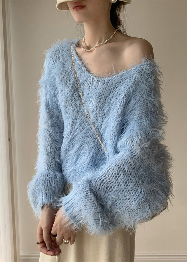 Sky Blue Hollow Ou Knit Sweater V Neck Batwing Sleeve