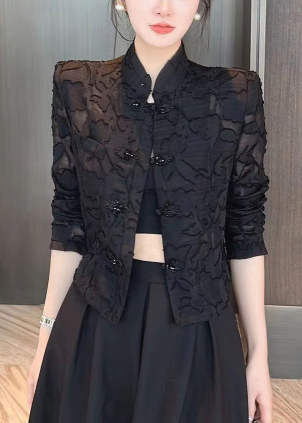 Slim Fit Black Stand Collar Embroidered Lace UPF 50+ Coats Long Sleeve