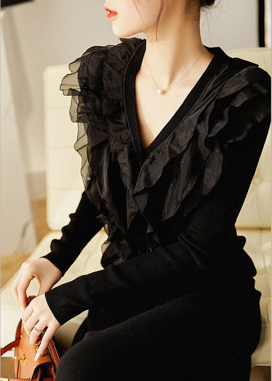 Slim Fit Black V Neck Tulle Patchwork Knit Top Long Sleeve