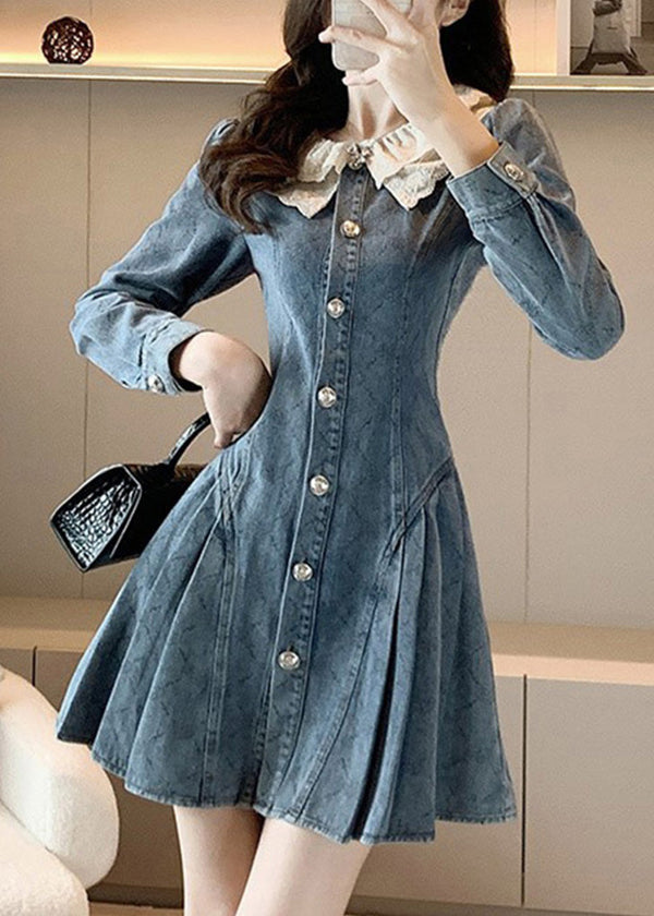 Slim Fit Blue O-Neck Lace Patchwork Button Denim Mid Dress Long Sleeve