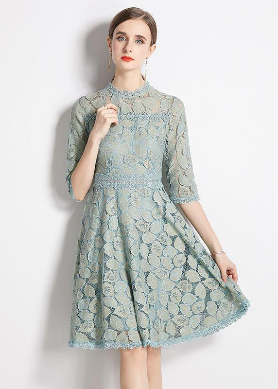 Slim Fit Light Blue Embroidered Patchwork Lace Dress Half Sleeve