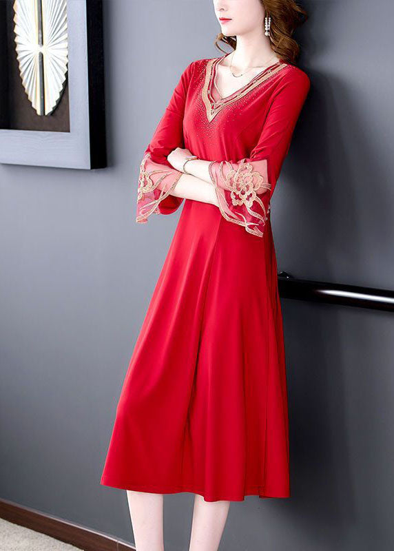 Slim Fit Red V Neck Patchwork Embroidered Silk Dresses Flare Sleeve