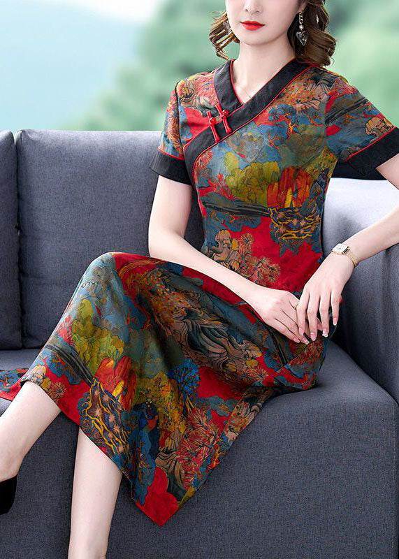 Slim Fit Red V Neck Print Chinese Button Silk Dresses Summer