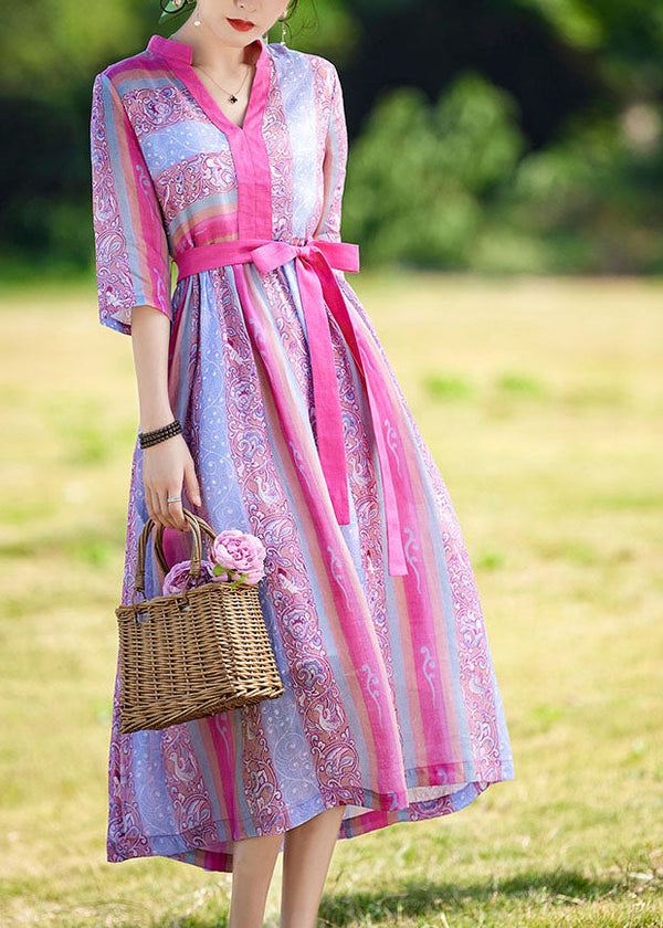 Slim Fit Rose V Neck Print Patchwork Bow Sashes Linen Long Dresses Bracelet Sleeve