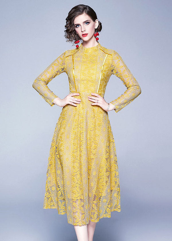 Slim Fit Yellow Stand Collar Hollow Out Patchwork Lace Long Dresses Fall