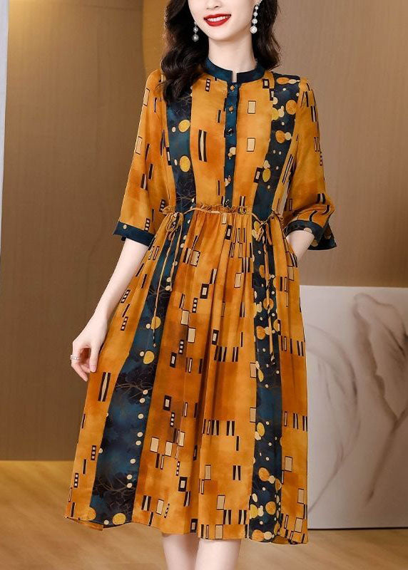 Slim Fit Yellow Stand Collar Print Silk Cinched Dress Half Sleeve