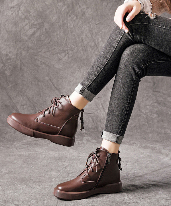 Soft Brown Platform Cowhide Leather Lace Up Boots