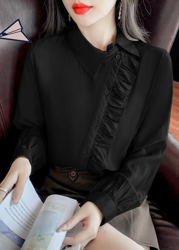 Black Chiffon Shirt Tops Asymmetrical Desidn Ruffles Spring